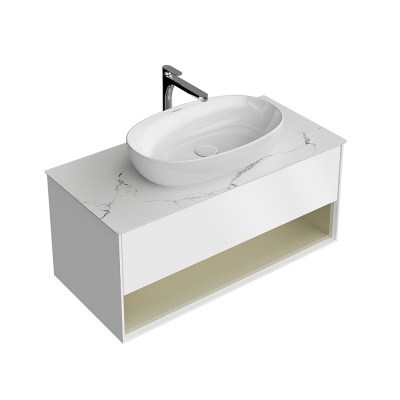 Тумба Plaza Modern/Плаза Модерн подвесная 100, нажимное открывание, 1 ящик, подсветка, белая матовая+шалфей Тумба Plaza Modern/Плаза Модерн подвесная 100, нажимное открывание, 1 ящик, подсветка, белая матовая+шалфей