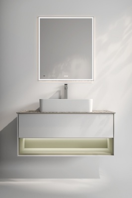 Тумба Plaza Modern/Плаза Модерн подвесная 100, нажимное открывание, 1 ящик, подсветка, белая матовая+шалфей Тумба Plaza Modern/Плаза Модерн подвесная 100, нажимное открывание, 1 ящик, подсветка, белая матовая+шалфей