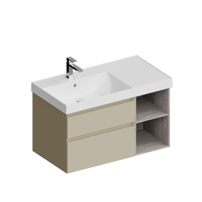 Тумба Cubo/Кубо левая подвесная с ящиками 90, лимо матовая-древесная