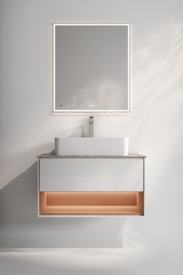 Тумба Plaza Modern/Плаза Модерн подвесная 100, нажимное открывание, 1 ящик, подсветка, белая матовая+сахара Тумба Plaza Modern/Плаза Модерн подвесная 100, нажимное открывание, 1 ящик, подсветка, белая матовая+сахара