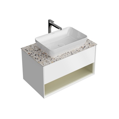 Тумба Plaza Modern/Плаза Модерн подвесная 80, нажимное открывание, 1 ящик, подсветка, белая матовая+шалфей