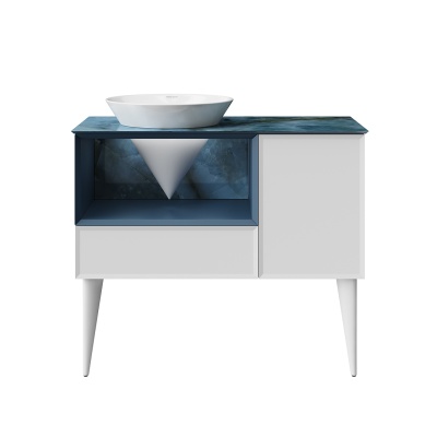 Тумба Cono/Коно подвесная с открытой полкой и ящиками 97, белая матовая-синяя