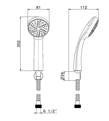 Ручной душ PIANO с держателем для лейки и шлангом, без выхода для подачи воды, хром
