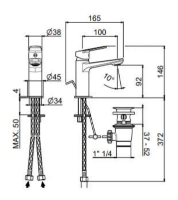 Смеситель для раковины NOTA однорычажный с донным клапаном, 3/8, хром