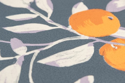 Обои виниловые на флизелиновой основе Шафран мотив, синий, апельсины